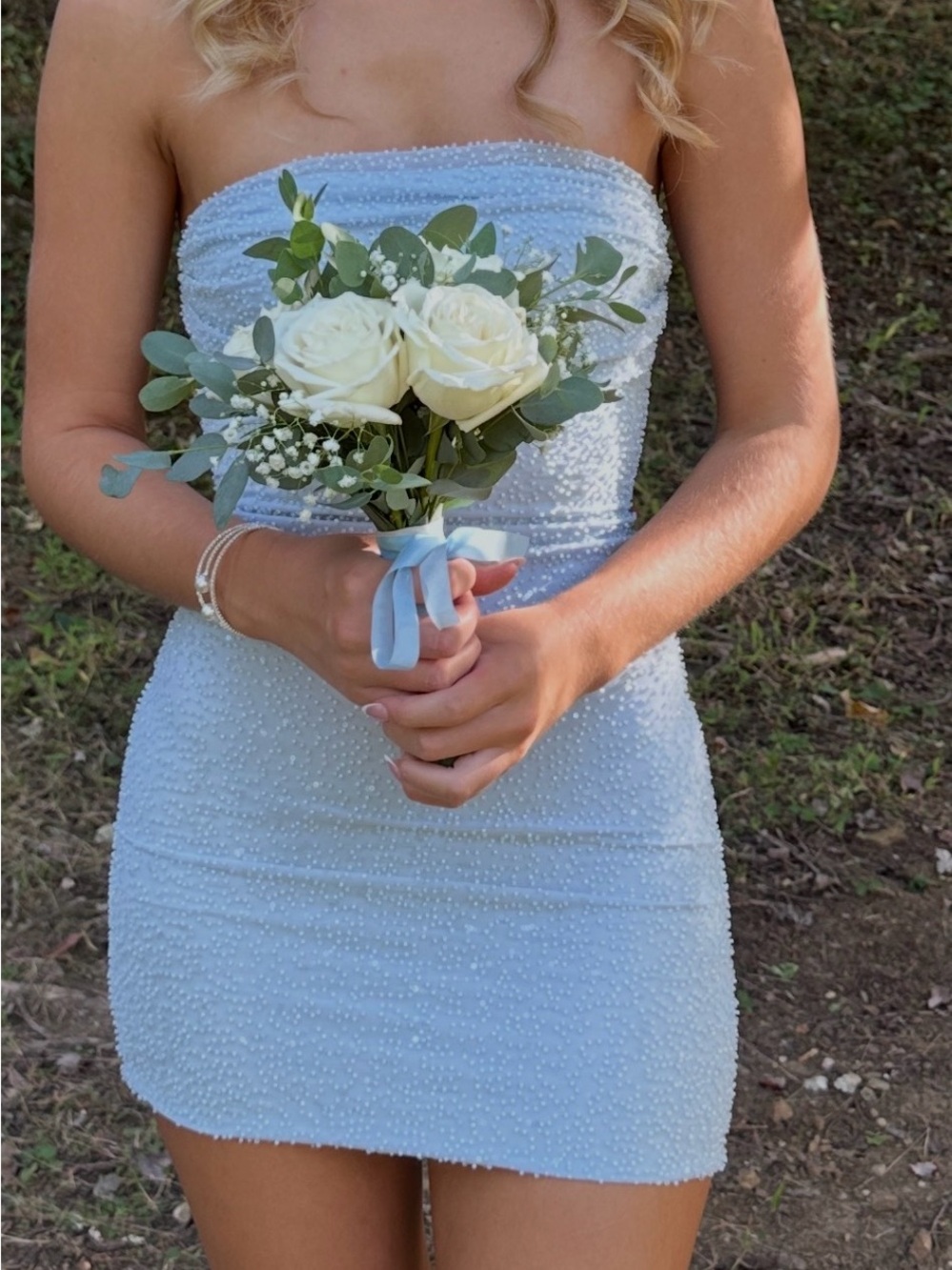 Windsor Strapless Beaded Mini Dress in Light Blue